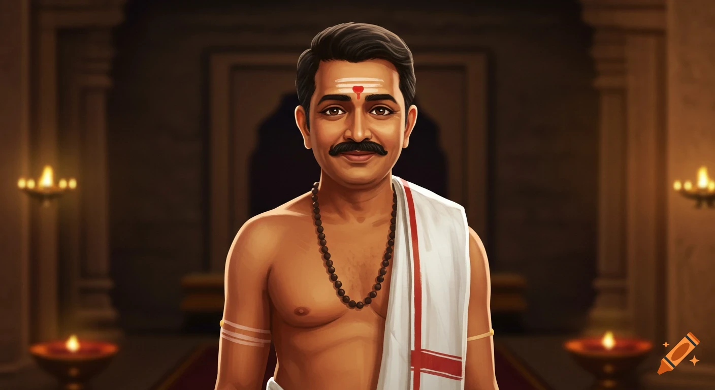 A smiling, middle-aged Indian man in traditional white attire, sacred thread, bead necklace, and red tilak, in a painted animation style.