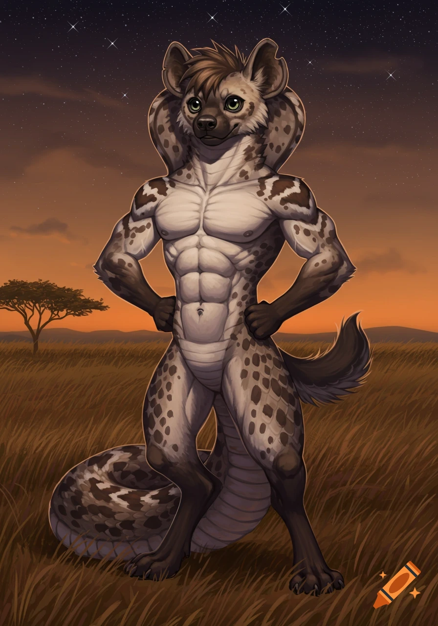 A muscular anthropomorphic hyena and rattlesnake hybrid with spots and scales stands in a savanna at sunset under a starry sky.