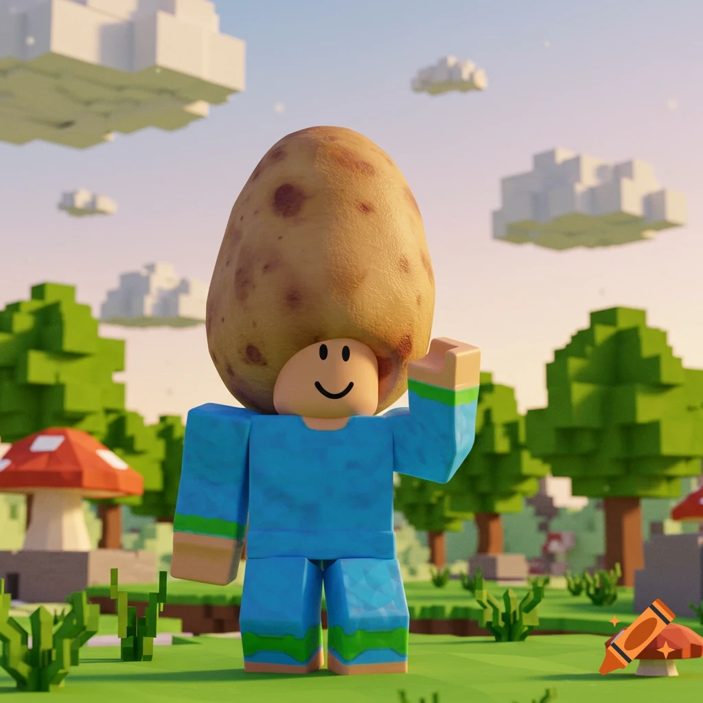 A Roblox-style blocky character with a potato on its head in a pixelated fantasy landscape with trees and mushrooms.