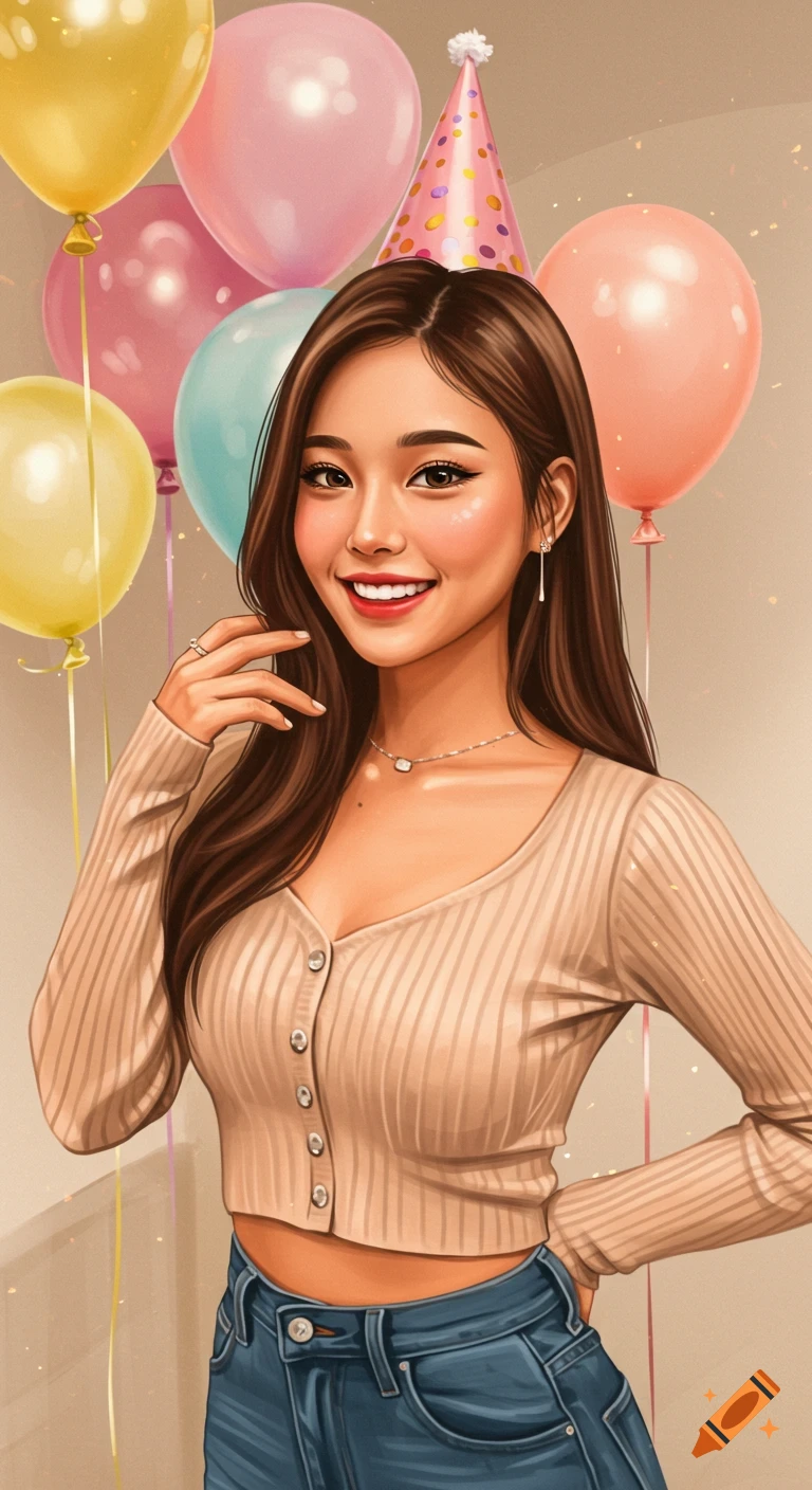 A smiling young woman with long brown hair, wearing a beige top and jeans, stands in front of colorful balloons and a party hat in an illustration.