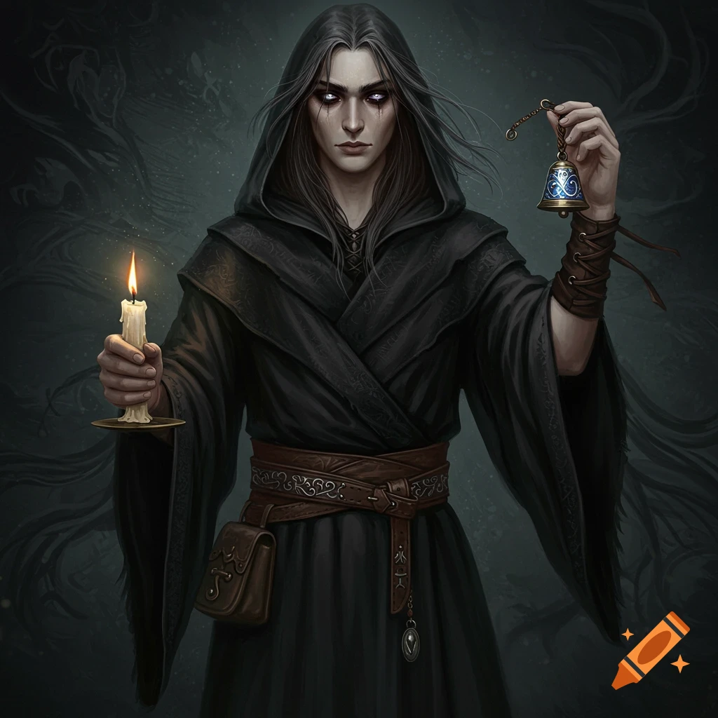 A mysterious figure in a dark hooded robe holds a lit candle and an ornate bell, with long grey hair and piercing eyes.
