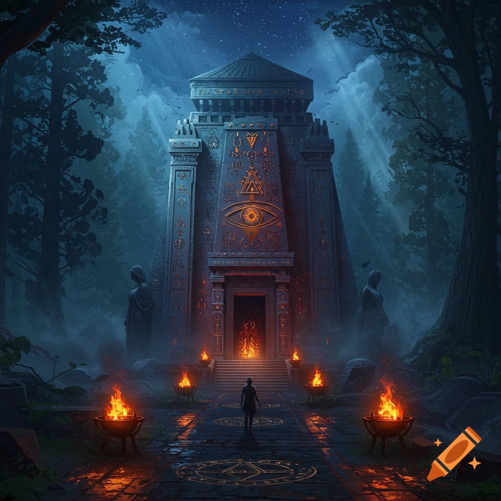 A lone figure approaches a towering, ancient temple covered in glowing symbols and an all-seeing eye, surrounded by torchlight and a dark, misty forest under a starry night sky.
