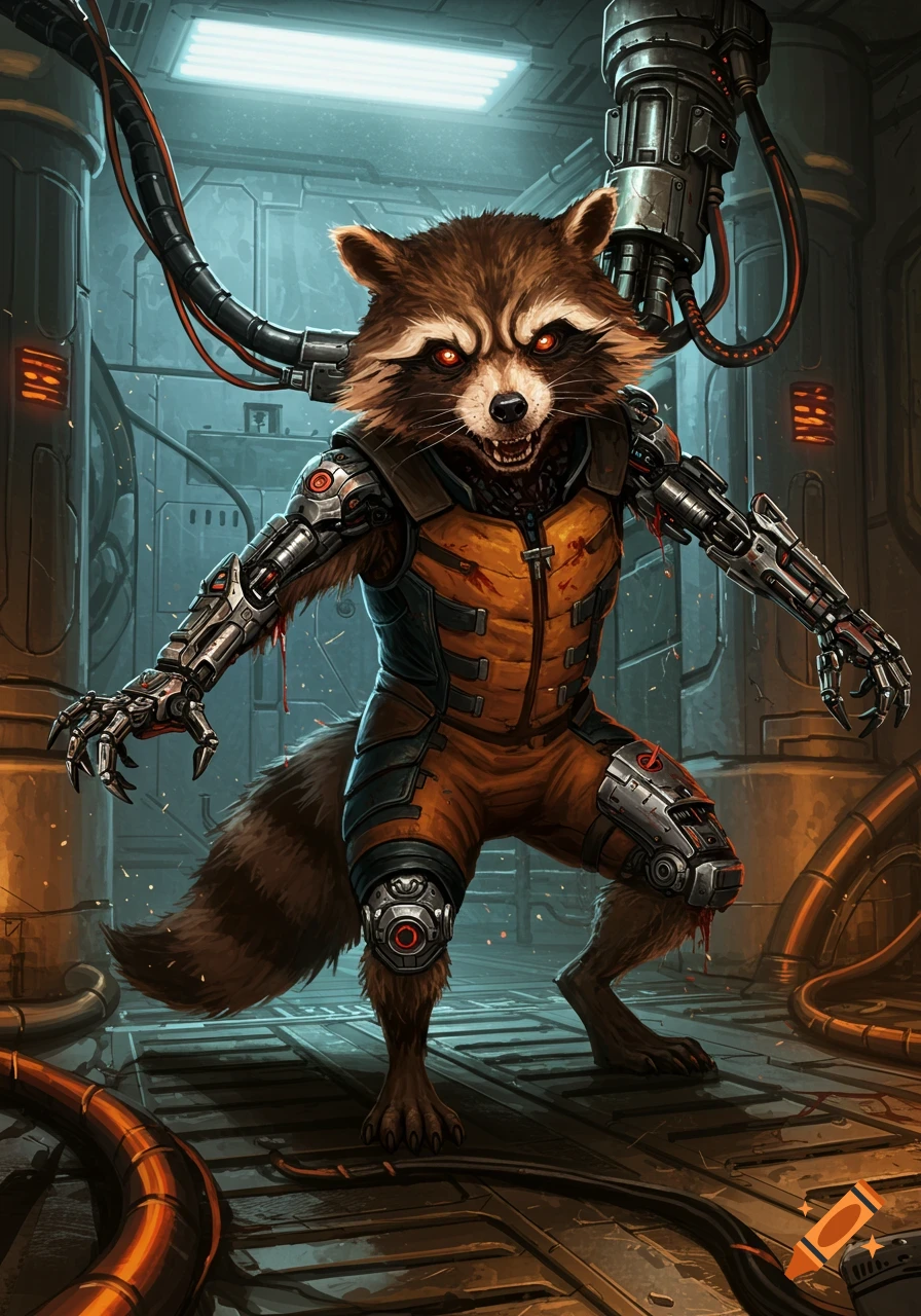 Cybernetically enhanced Rocket Raccoon with glowing red eyes and bionic arms stands in a dark, industrial sci-fi setting.