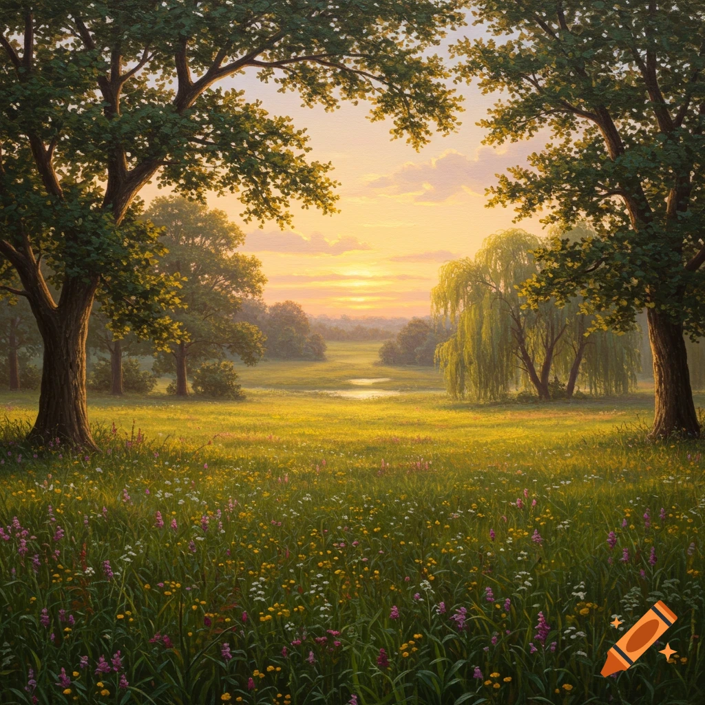 A vibrant landscape painting at sunset, featuring a meadow of wildflowers framed by large trees, with a winding stream in the distance.