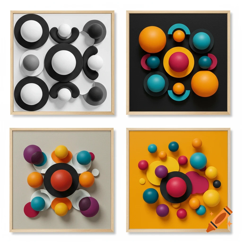Four square framed artworks feature 3D geometric shapes. One is black and white, while the others are vibrant with spheres and circles in various symmetrical and asymmetrical arrangements.
