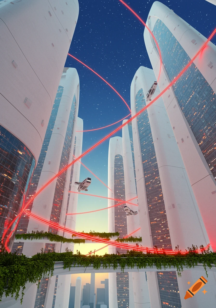 A futuristic cityscape with tall white buildings, flying vehicles, and red glowing lines under a starry blue sky.