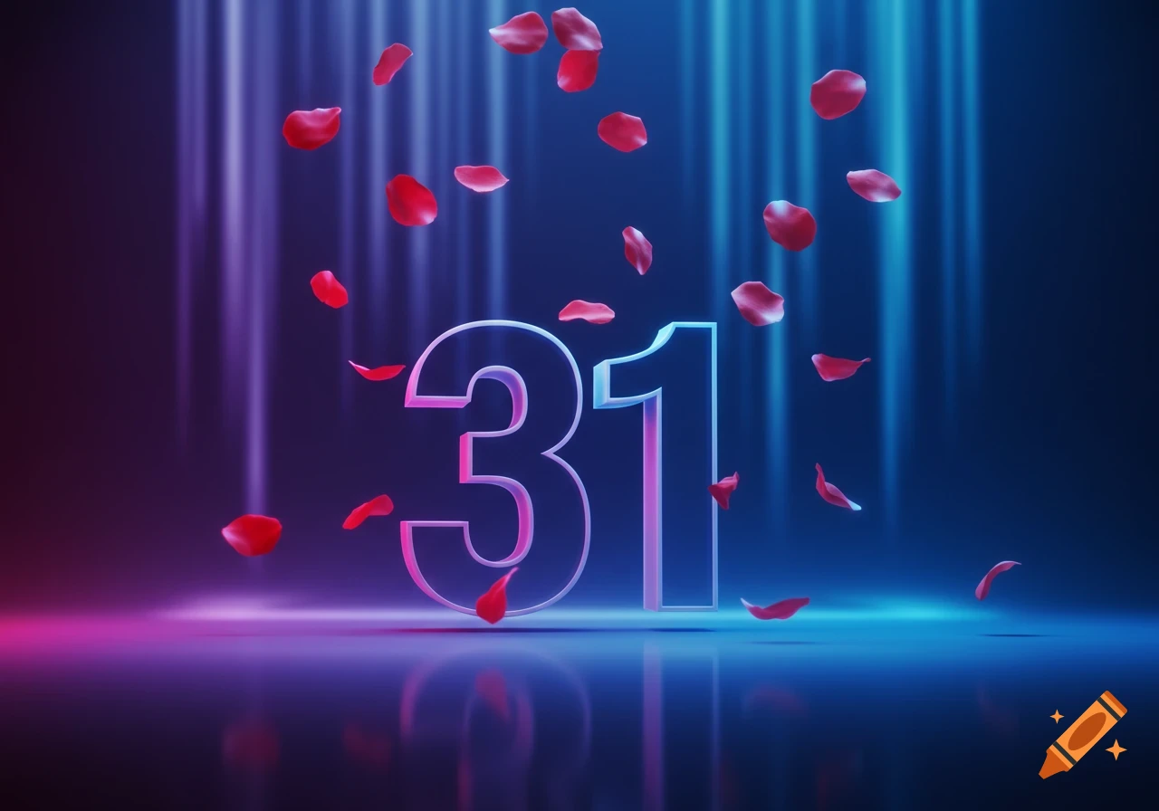 The number 31, outlined in neon pink and blue light, stands on a reflective surface with red rose petals falling against a background of vertical blue and purple light beams.
