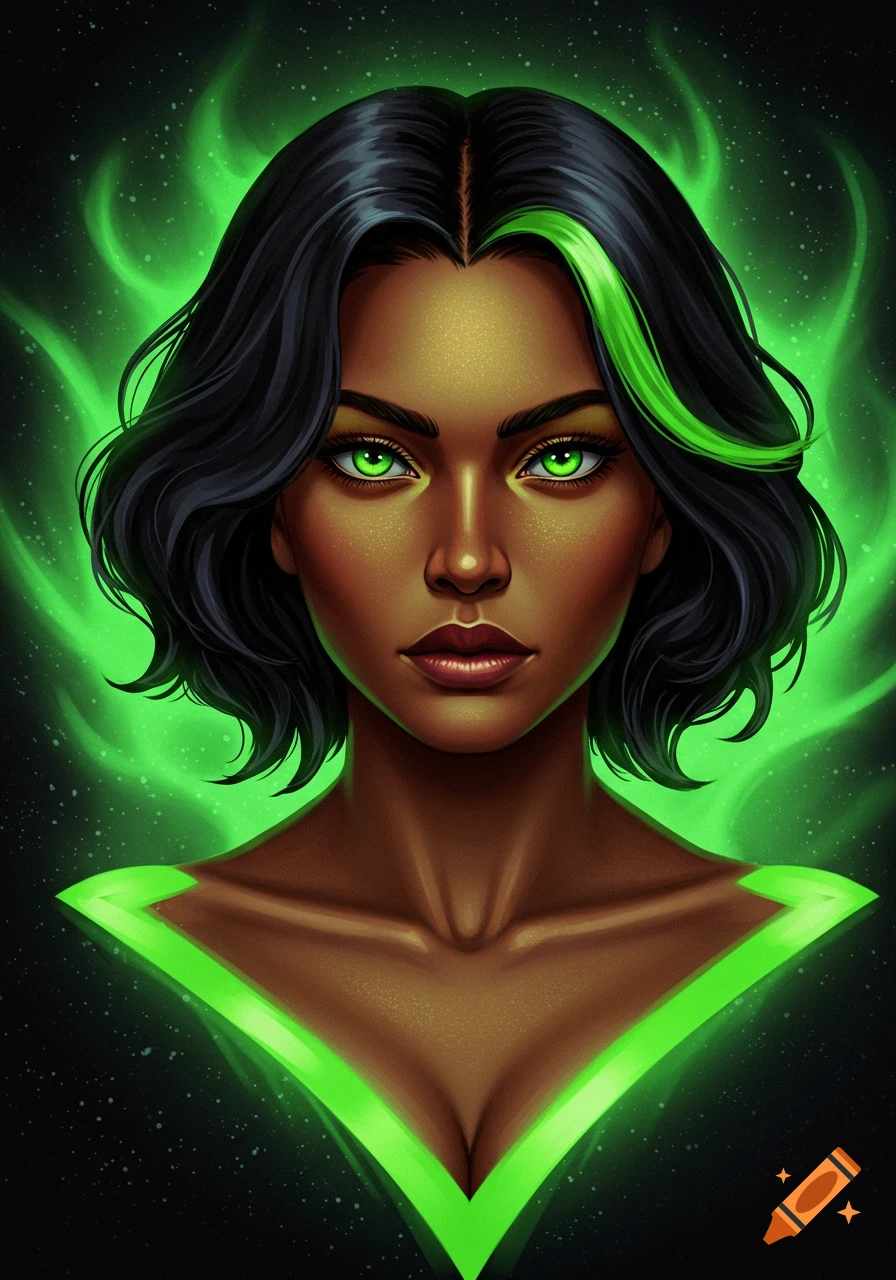 Digital art portrait of a mythical superhero woman with black hair, a neon green streak, olive skin, and glowing green eyes, against a backdrop of green energy.