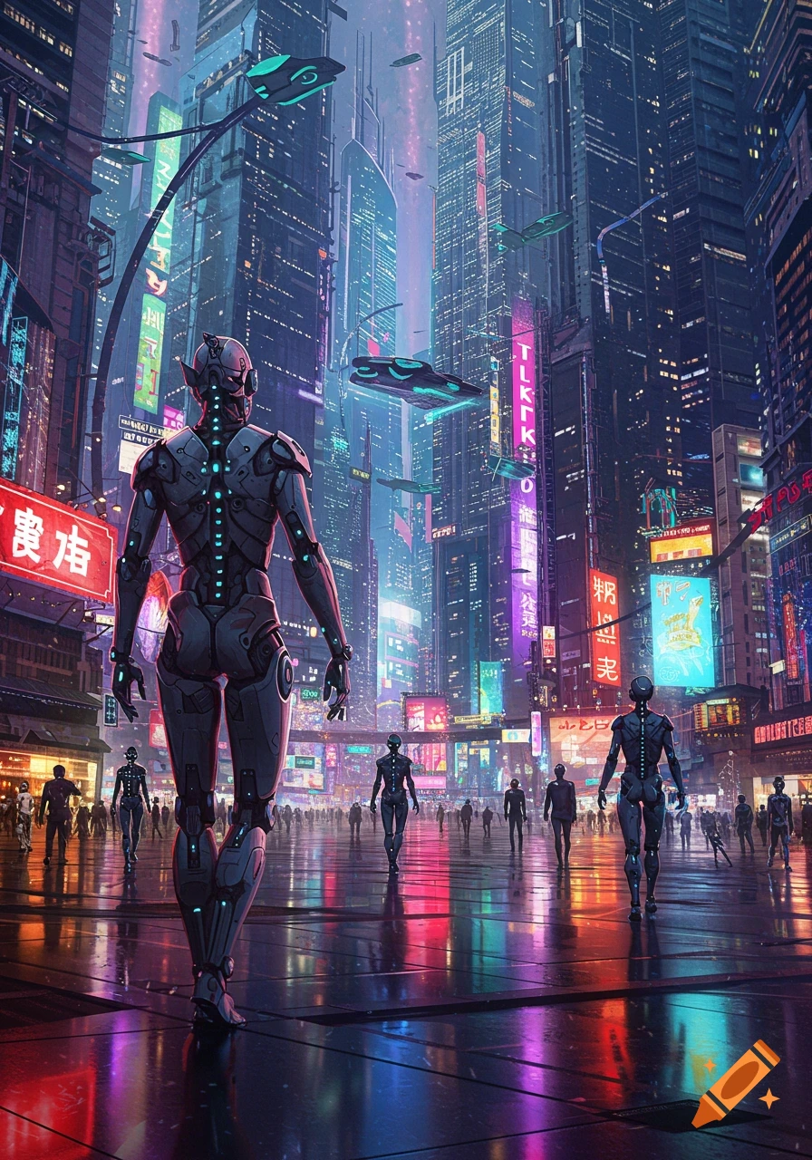 A large robot walks away from the viewer on a reflective street in a vibrant, neon-lit futuristic city filled with skyscrapers and flying vehicles, with other robots and people in the background.
