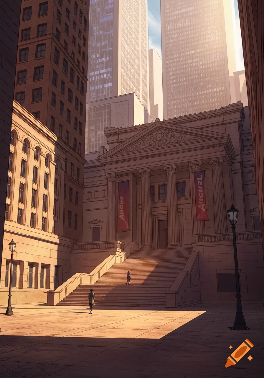 Stylized cityscape with a large classical museum at the end of a sunny street, framed by tall buildings.