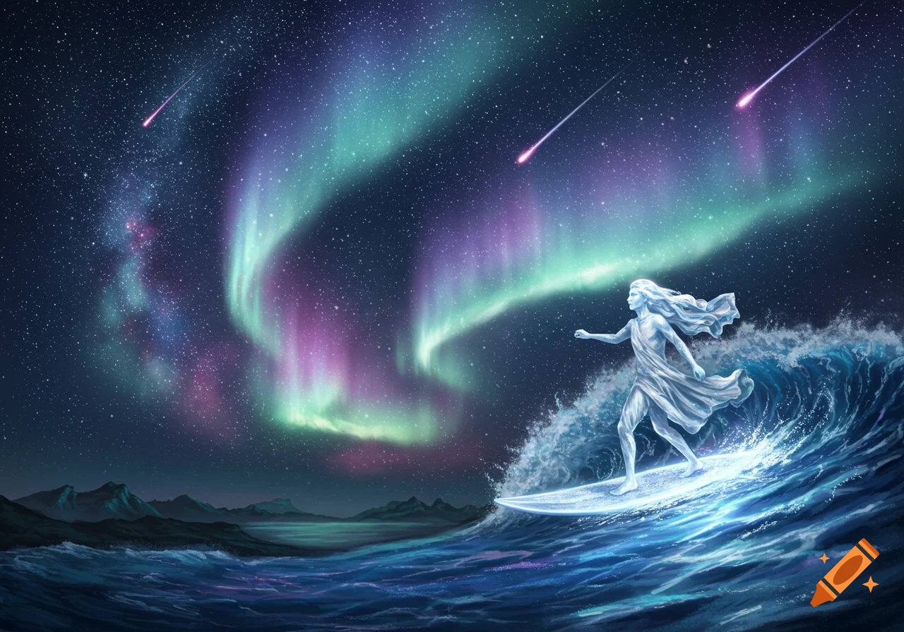 An ethereal, ice-like figure in a flowing dress surfs a wave under a vibrant purple and green aurora borealis and shooting stars.