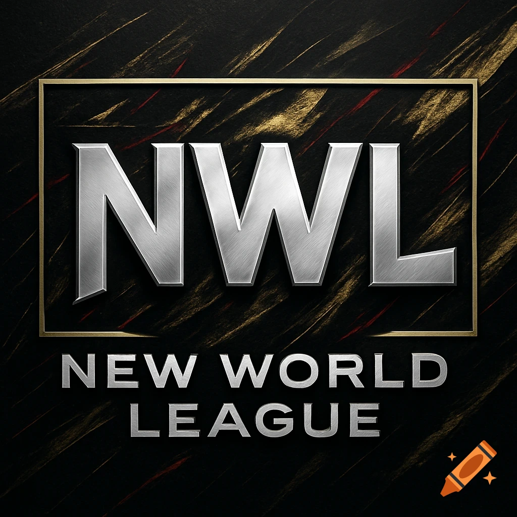 A metallic silver NWL logo above NEW WORLD LEAGUE text on a dark, textured background with gold and red strokes, within a gold frame.
