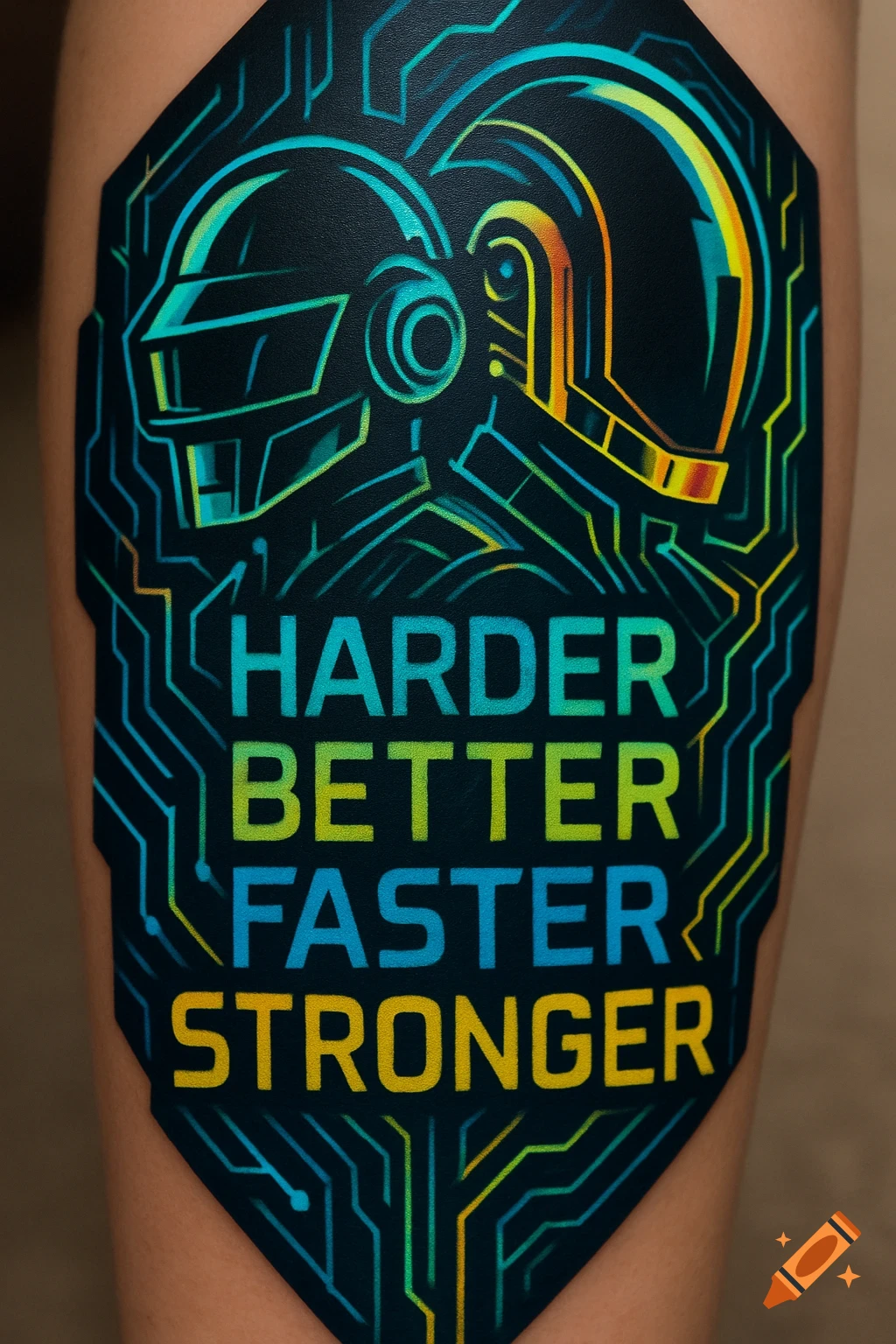 A futuristic Daft Punk tattoo design with two robotic helmets and neon text 'HARDER BETTER FASTER STRONGER' against a dark background.