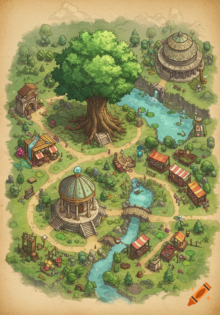 An illustrated isometric fantasy map of a lush green park with a giant tree, winding rivers, bridges, temples, and market stalls.