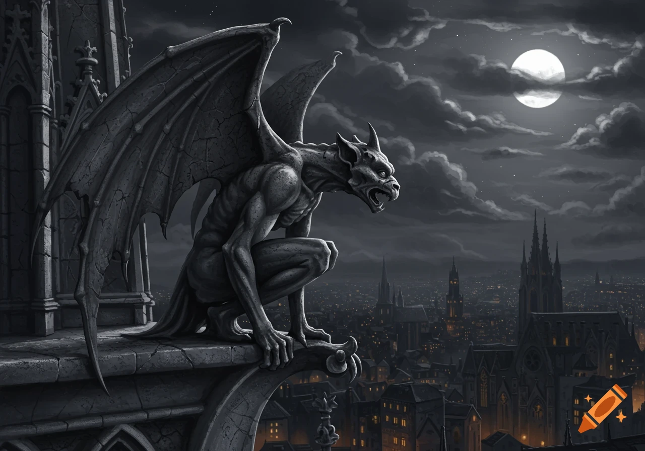 A detailed, monstrous gargoyle perches on a gothic building, overlooking a dark city under a full moon at night.