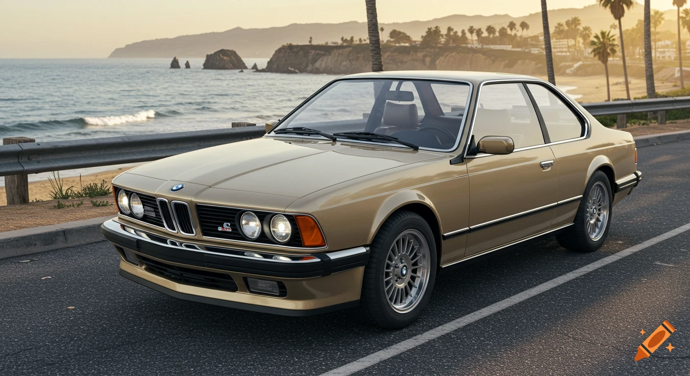 A gold 1987 BMW 635CSi coupe parked on a coastal road overlooking an ocean with a beach and palm trees.
