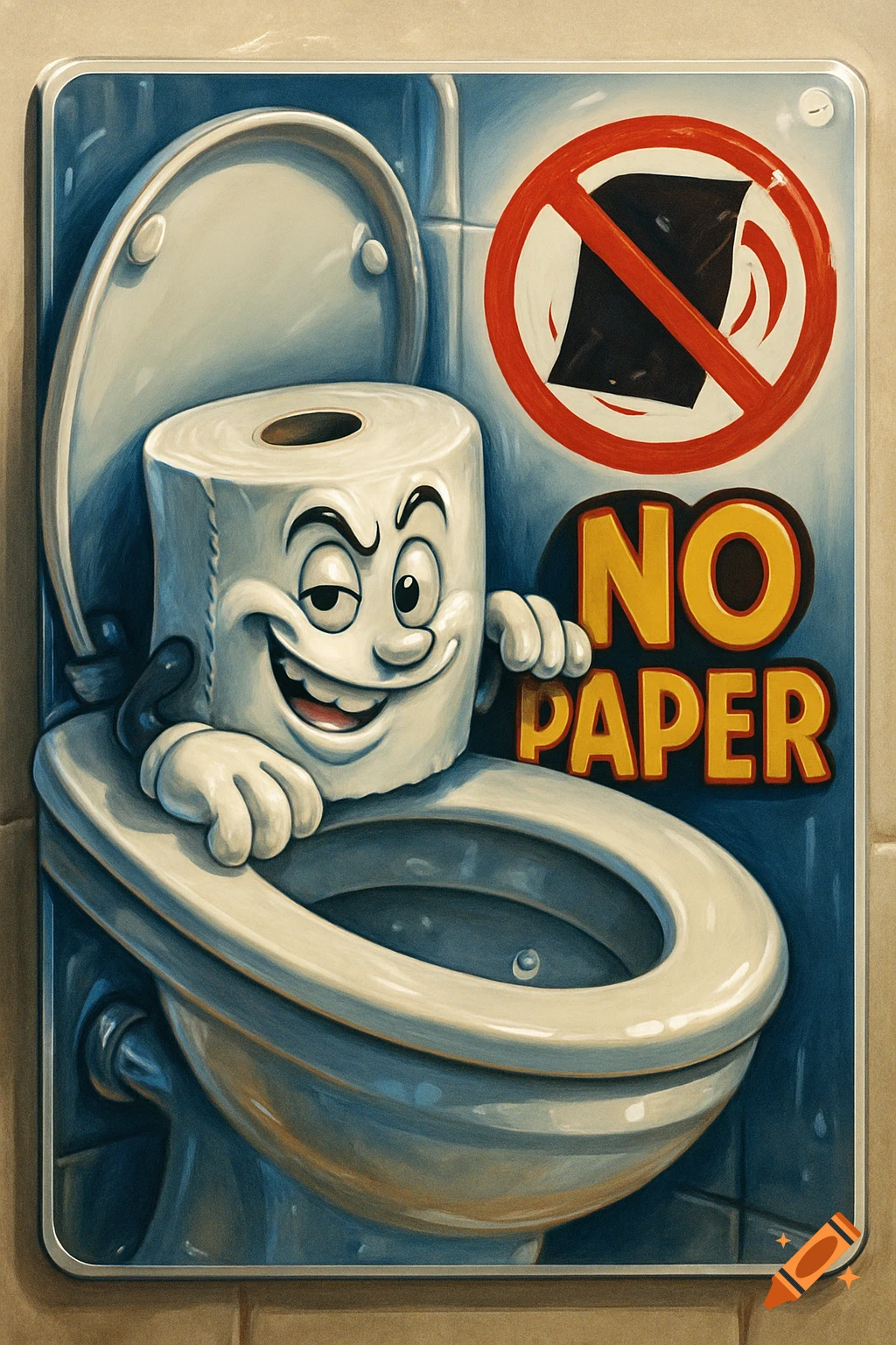 Humorous illustration of a grinning toilet paper roll leaning on a toilet, next to a sign with a 'no' symbol and the words 'NO PAPER'.