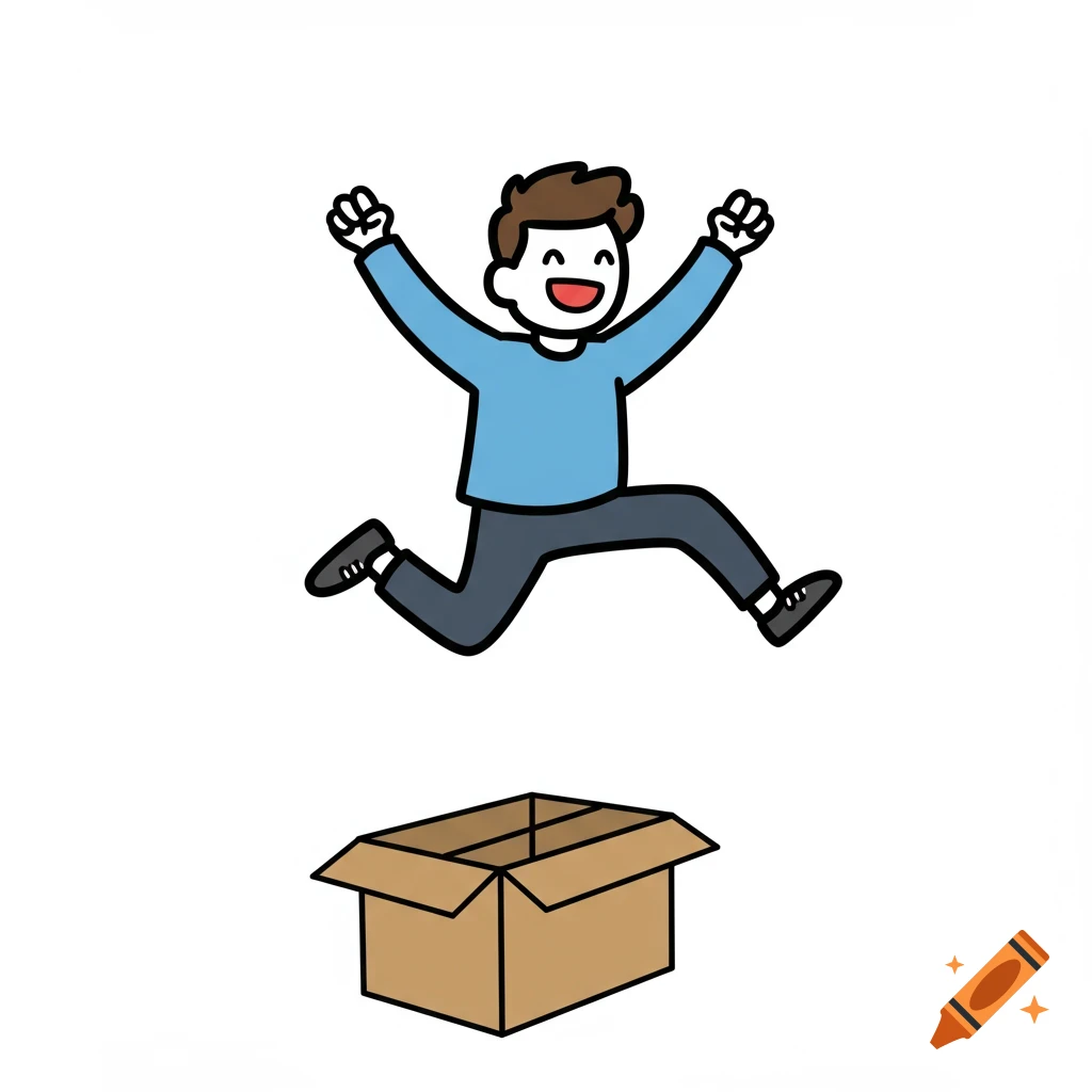 A happy 2D cartoon person in a blue shirt jumps joyfully over a brown cardboard box on a white background.