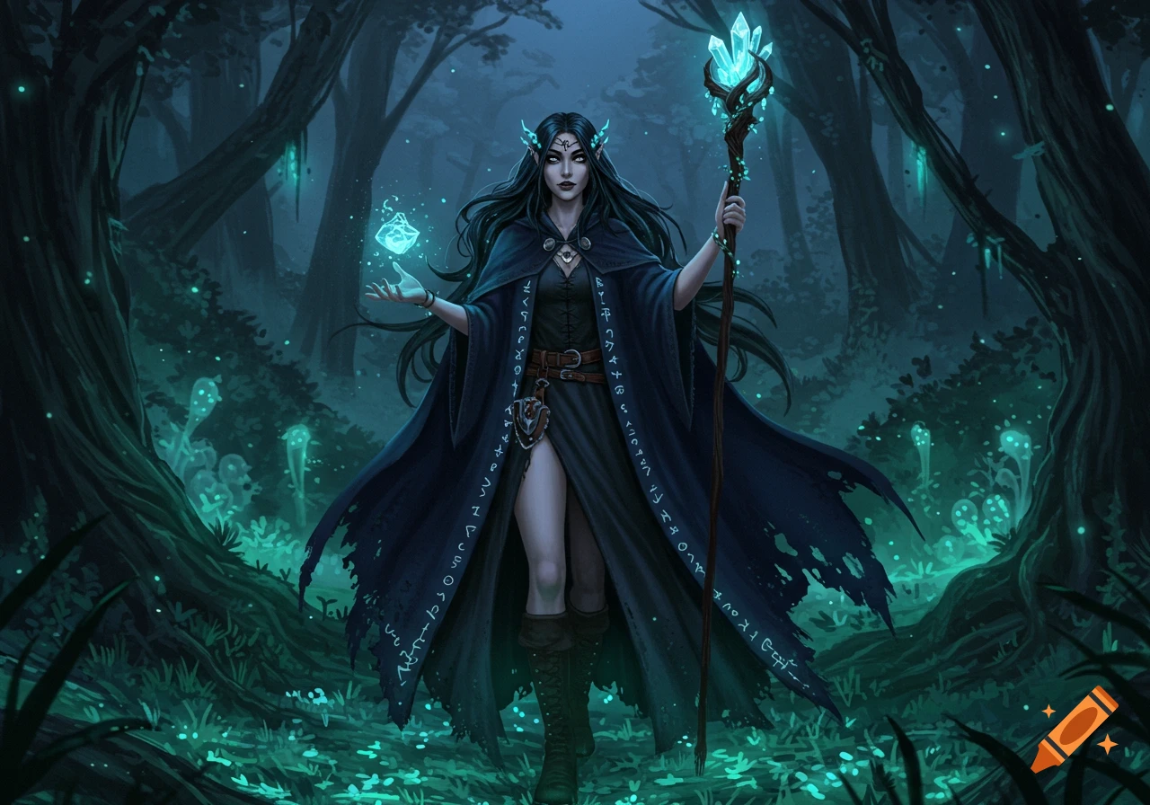 A dark fantasy illustration of a witch with flowing black hair and glowing blue eyes, holding a crystal staff, in an enchanted forest.