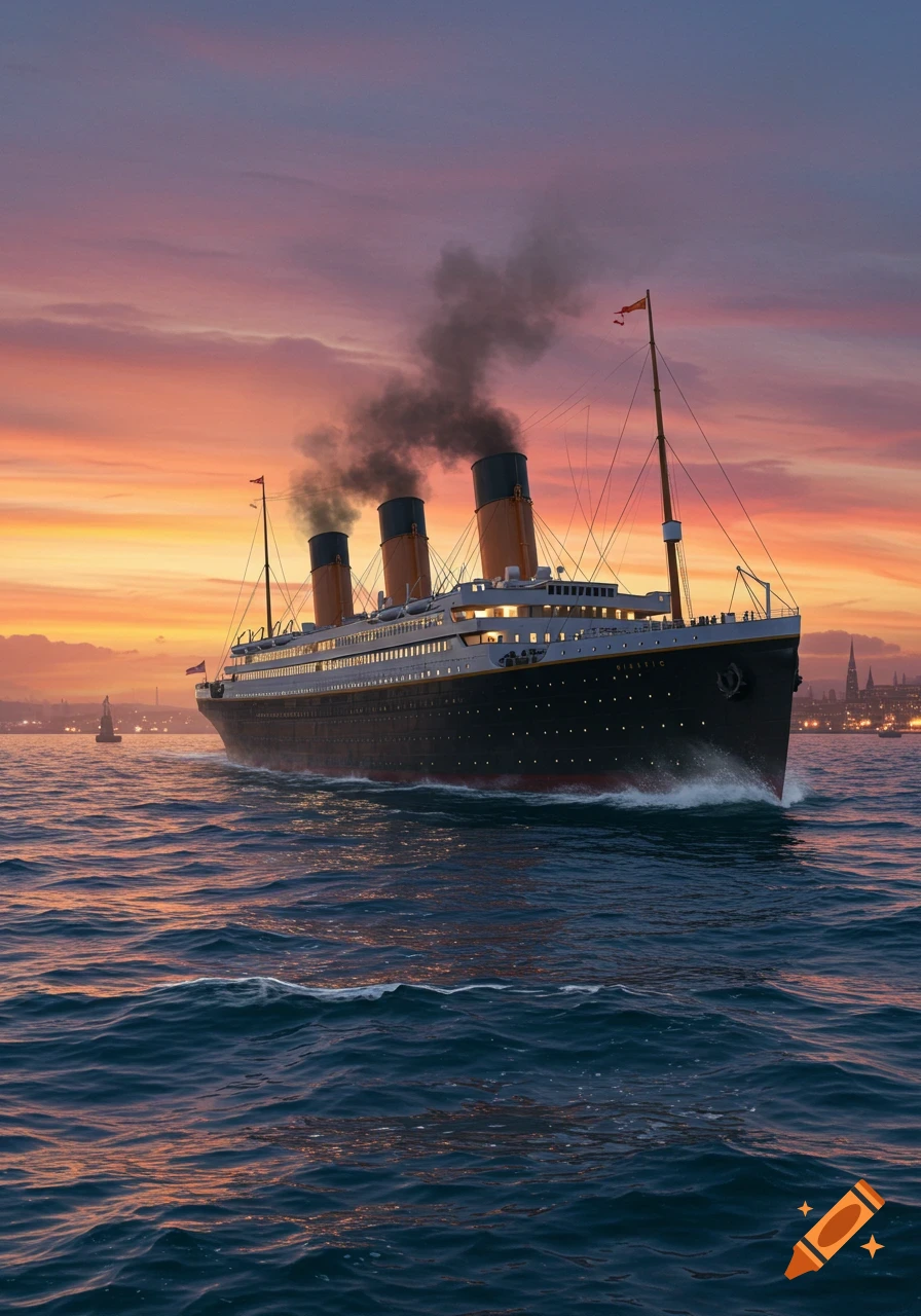 A grand historical ship resembling the Titanic sails on choppy waters against a vibrant orange and purple sunset sky, with a distant city silhouette.