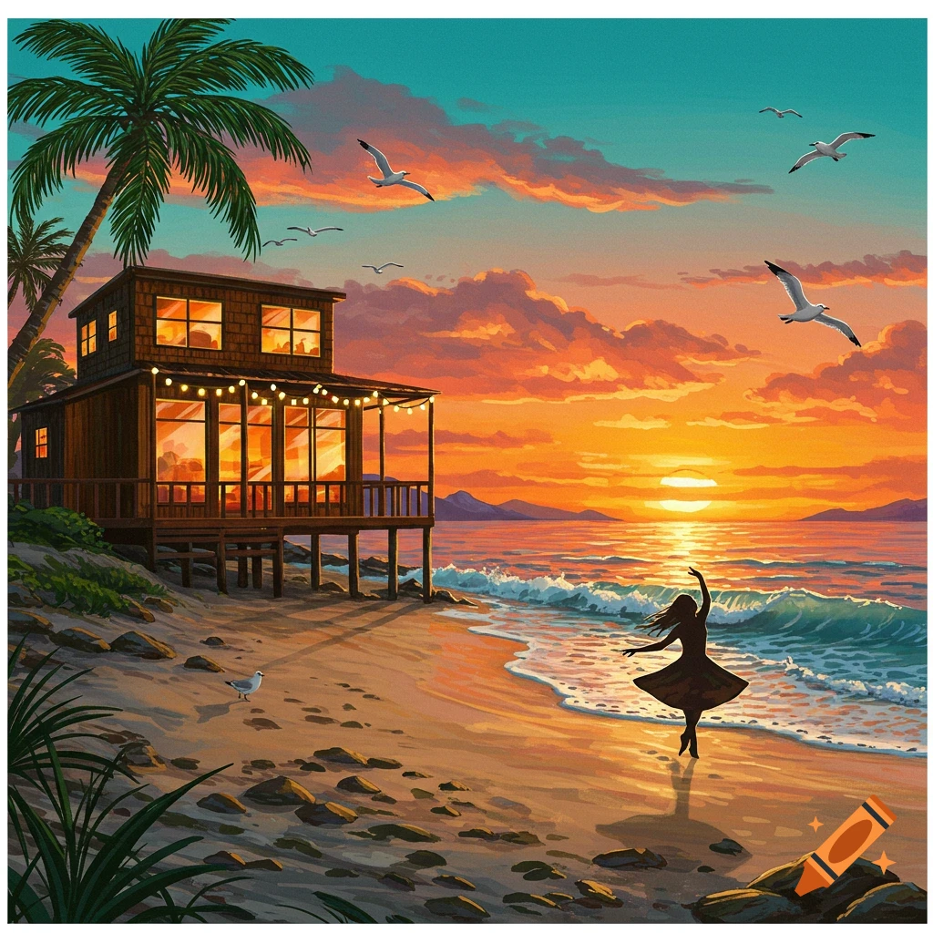 An illustration of a person dancing on a sandy beach by a wooden beach house at sunset, with palm trees and seagulls.