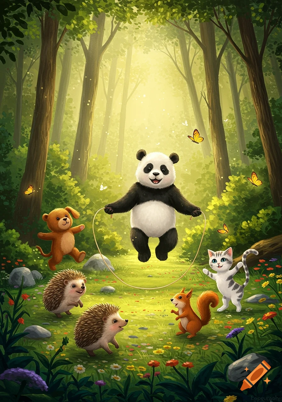 A cheerful cartoon panda jumps rope in a sun-dappled forest clearing, surrounded by other cute cartoon animals: a dog, two hedgehogs, a squirrel, and a cat.