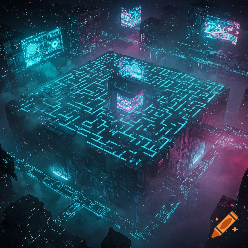 A dark, sprawling cyberpunk city viewed from above, with a central cube-shaped labyrinth glowing with blue and pink neon lights.