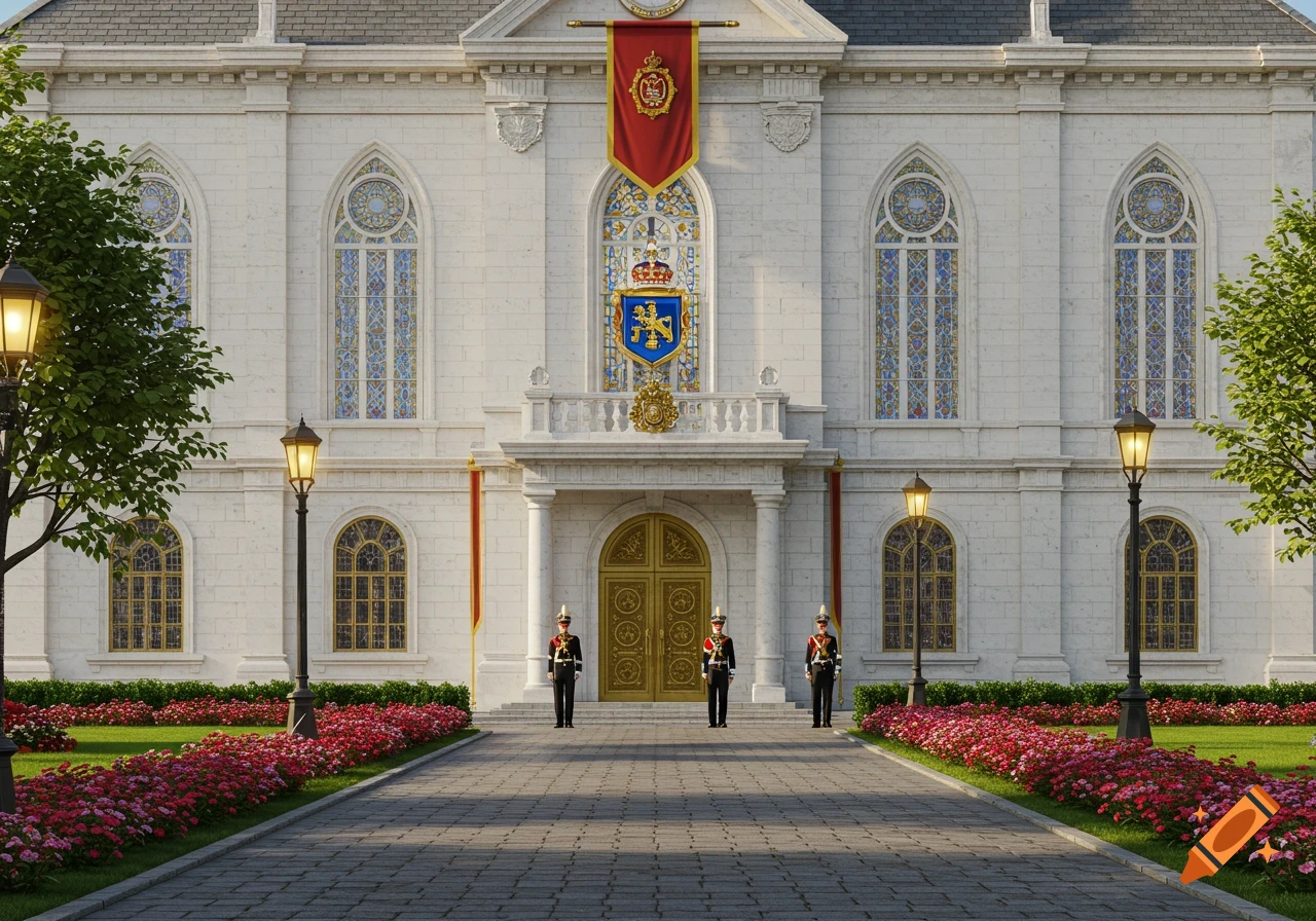 A grand white stone royal building with gold trim, stained-glass windows, and a royal banner. Three guards stand on a flower-lined cobblestone path.
