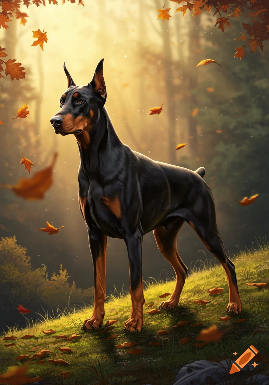 A majestic black and tan Doberman dog stands on a grassy hill amidst falling autumn leaves in a sunlit forest.