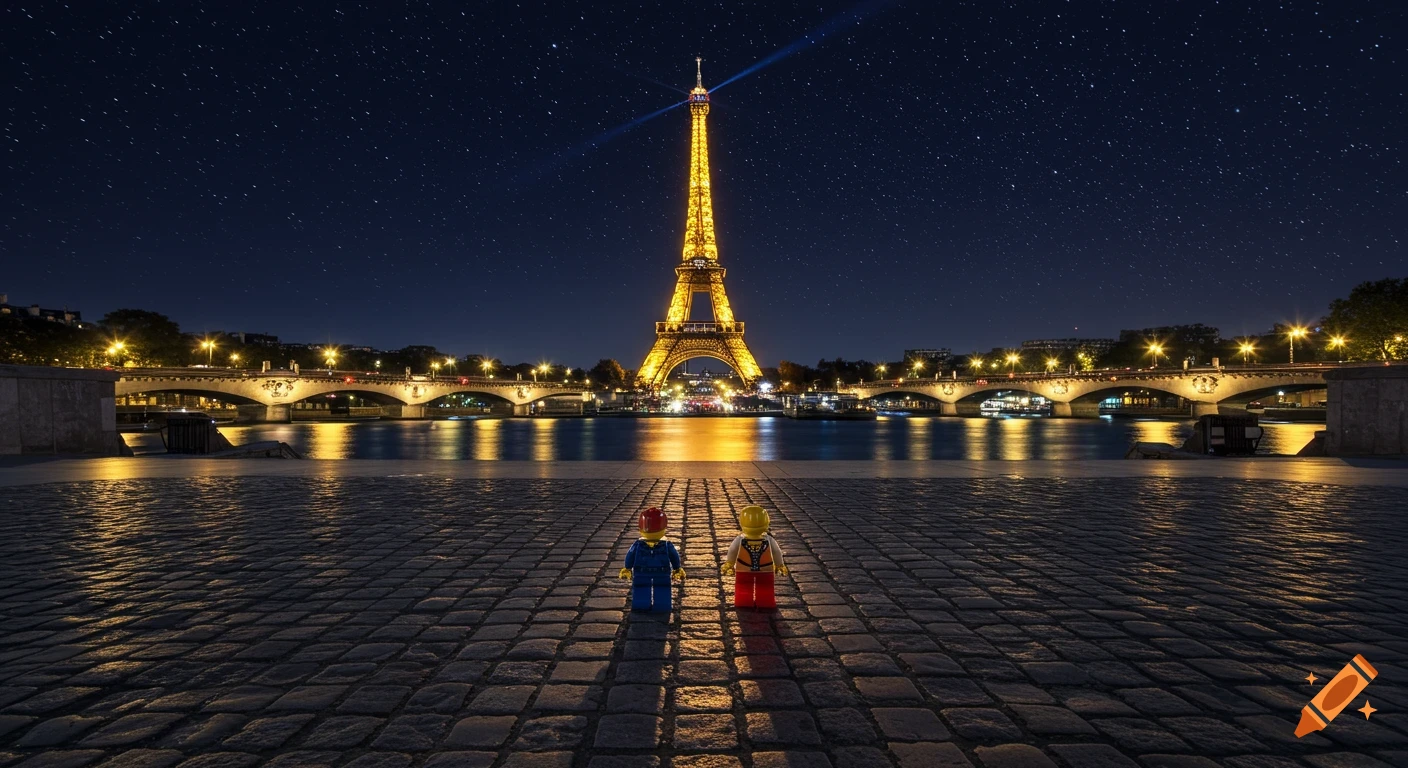 Illuminated Eiffel Tower at night, seen from a cobblestone plaza with two colorful Lego figures and a bridge over the Seine River.