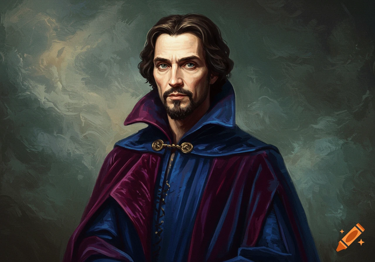 A painted portrait of a man with a beard and mustache, wearing a blue tunic under a purple and blue cape, against a mottled green background.