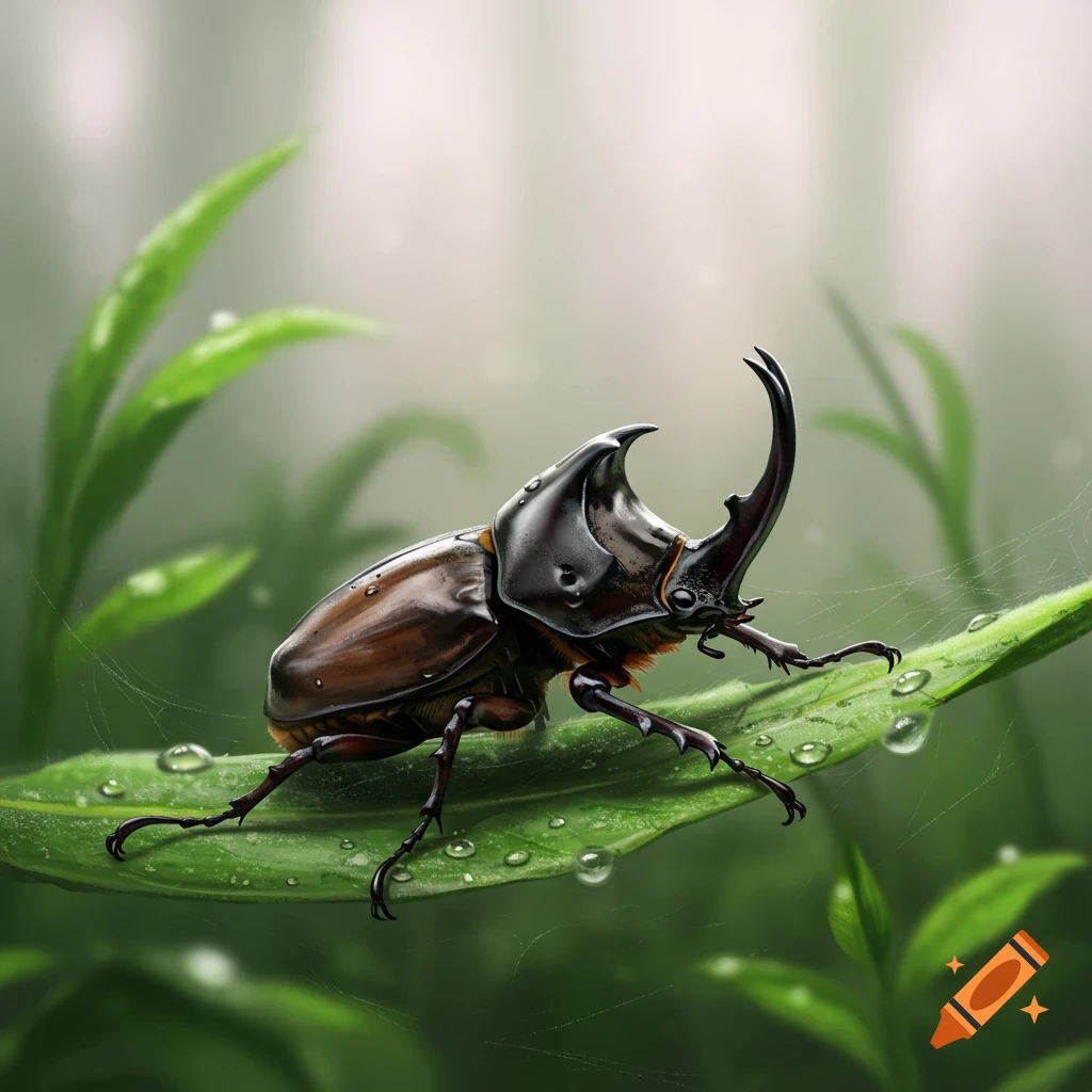 A detailed rhinoceros beetle stands on a vibrant green leaf covered with water droplets.