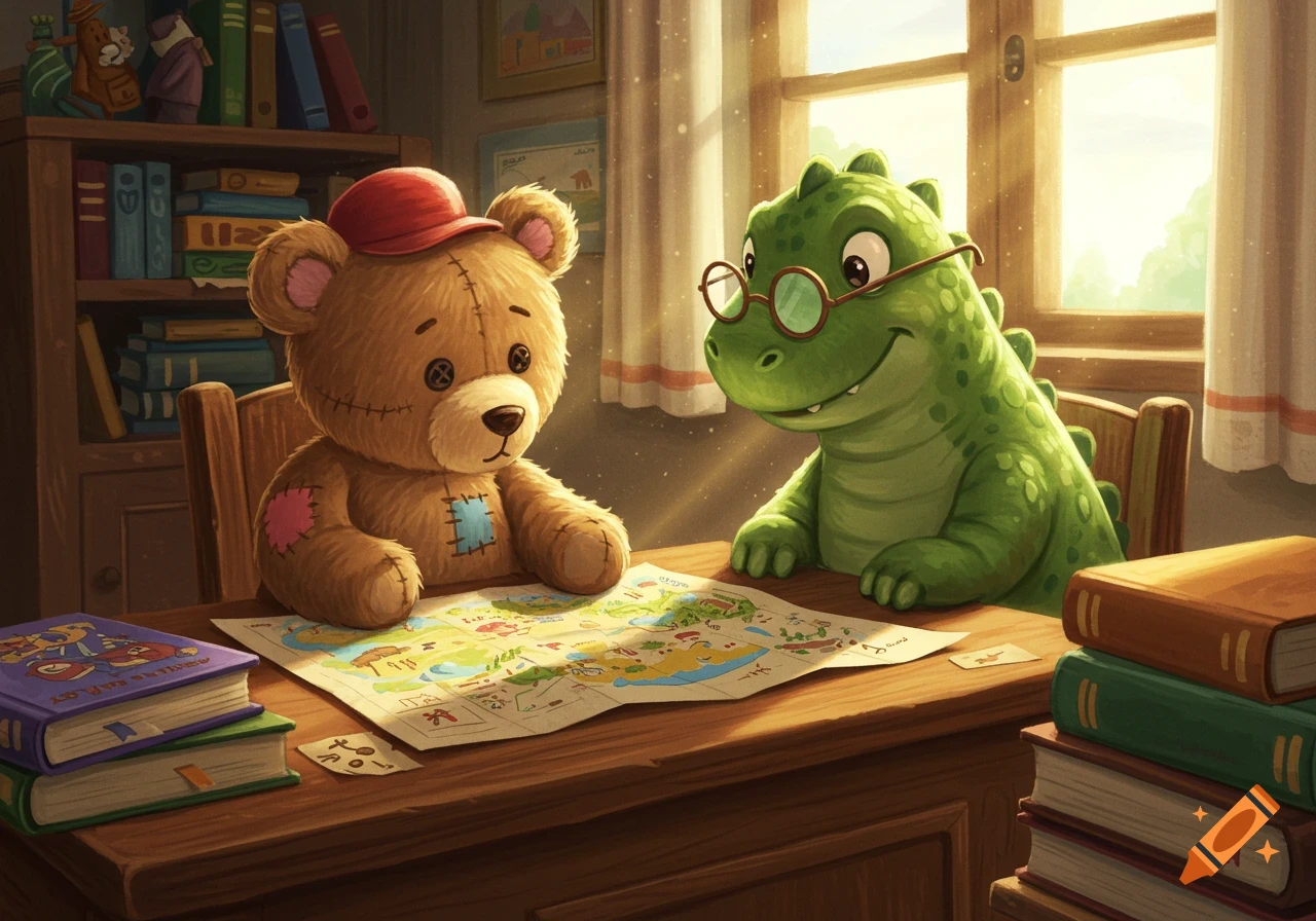 A cartoon teddy bear and a green dinosaur with glasses look at a map on a wooden desk with books in a sunlit room.