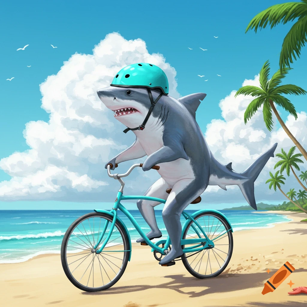 A cartoon shark with a blue helmet rides a light blue bicycle on a sandy beach by the ocean, with palm trees under a sunny sky.