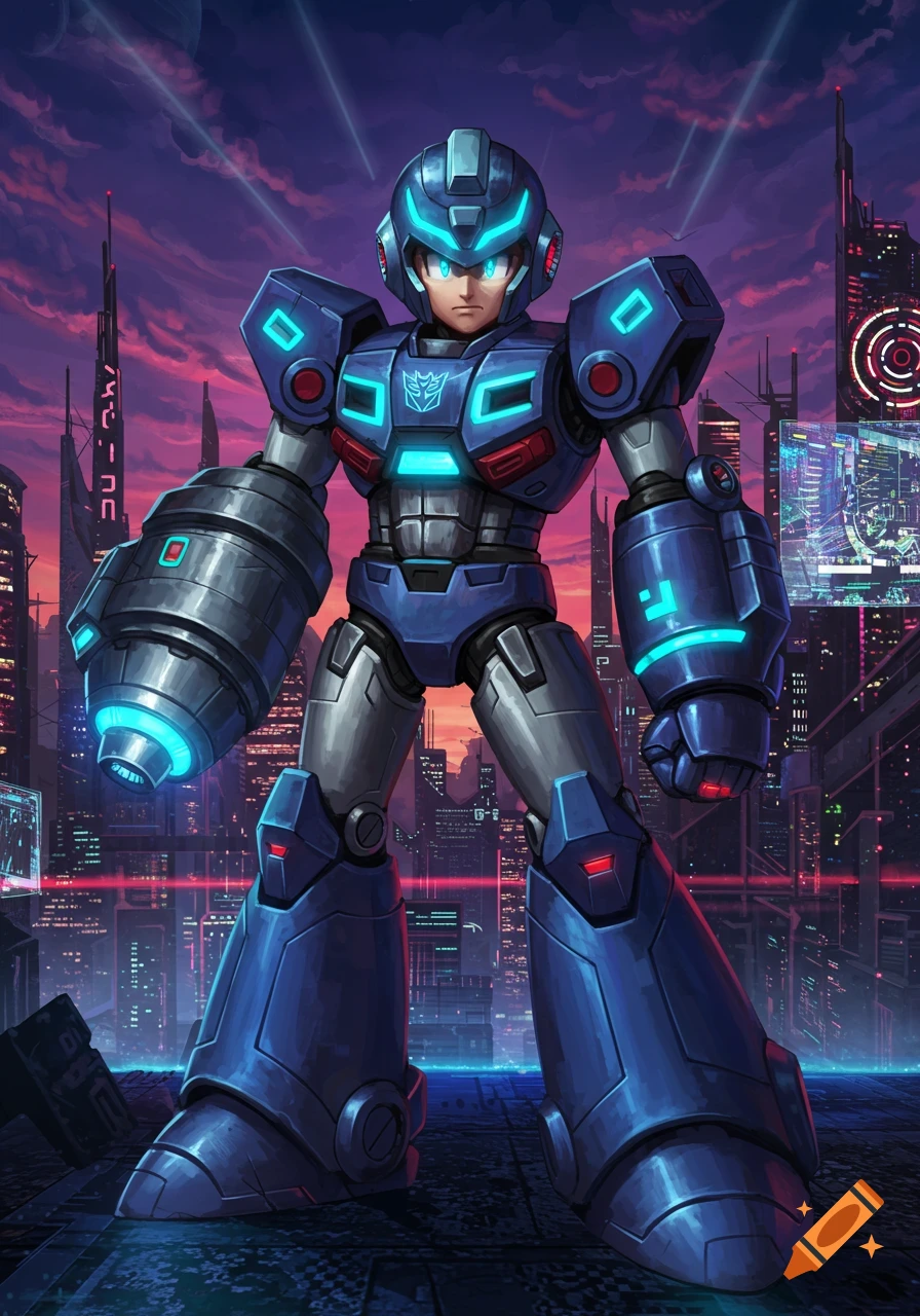 Blue Mega Man-like robot with Transformers logo stands in a futuristic city at sunset, digital art.