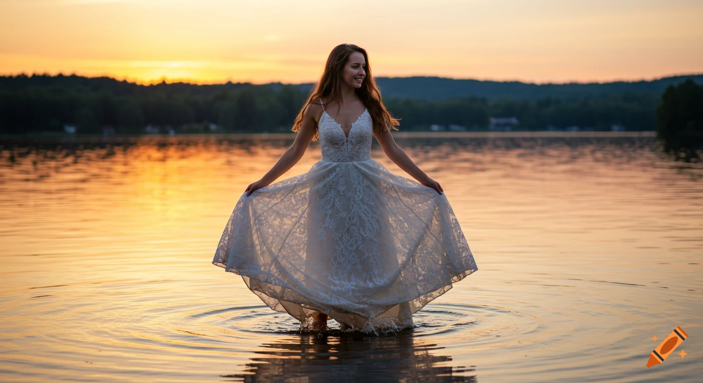 A smiling woman in a white lace wedding dress stands in a shimmering lake at sunset, holding her dress out.