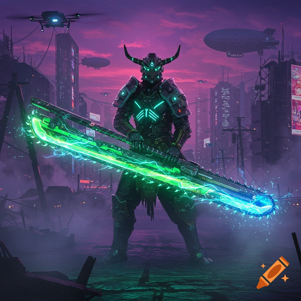 An armored, horned warrior in a dark cyberpunk city holds a glowing green chainsaw sword under a purple sky with blimps and drones.