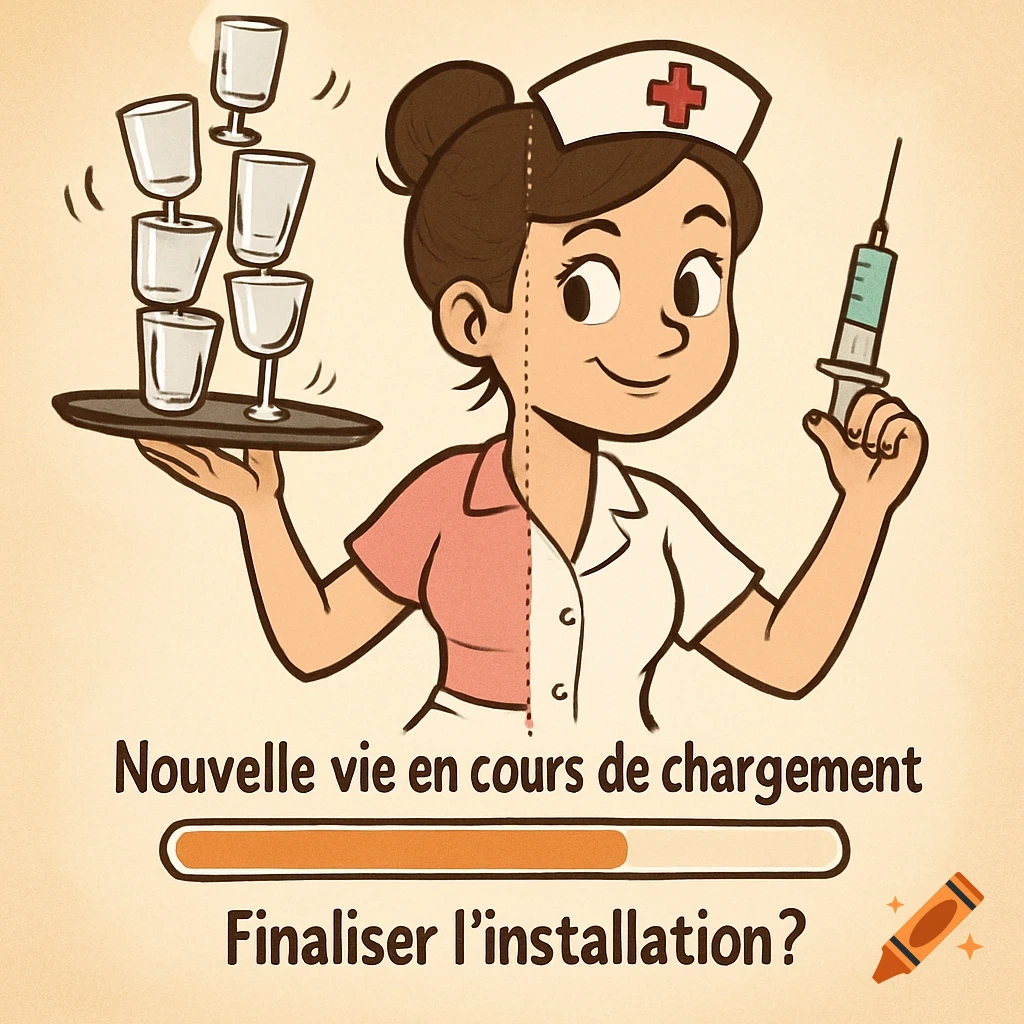 Cartoon woman split as waitress and nurse, symbolizing career transition with a loading bar and text.