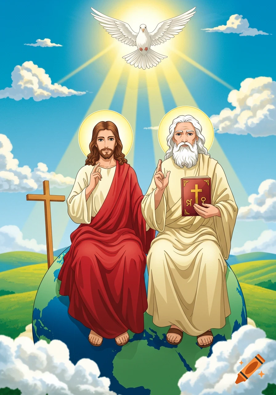 Anime style illustration of the Holy Trinity with Jesus and God the Father seated on a globe, a dove above emitting light, and a cross to the left, all under a blue sky with green hills.