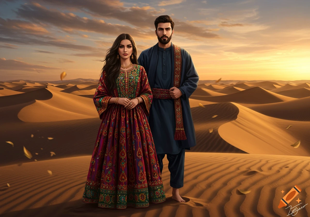 A man and woman in ornate traditional attire stand on desert dunes at sunset under a warm sky, with golden leaves drifting.