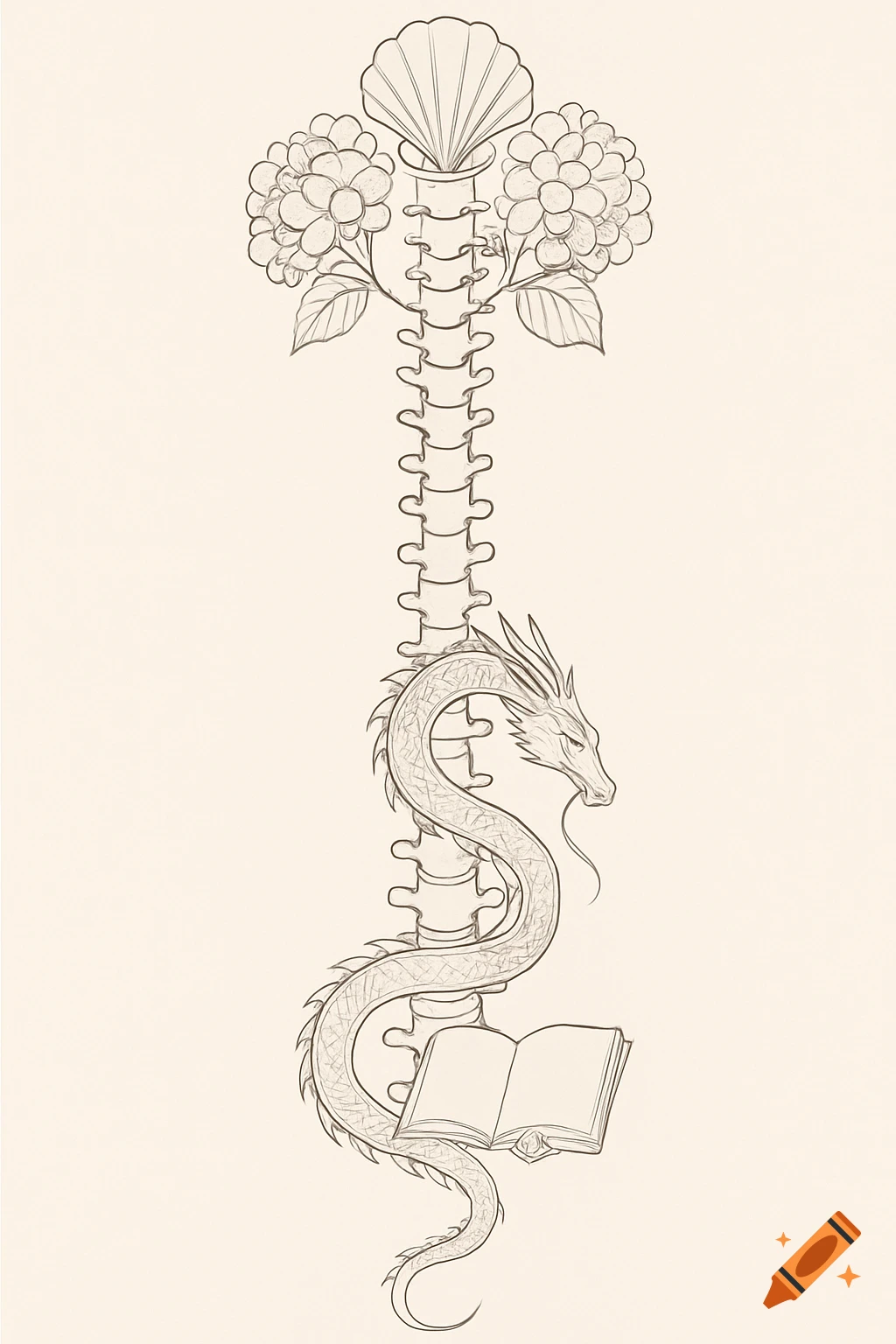 Minimalist line drawing of a human spine adorned with a shell, hydrangeas, a dragon, and an open book.