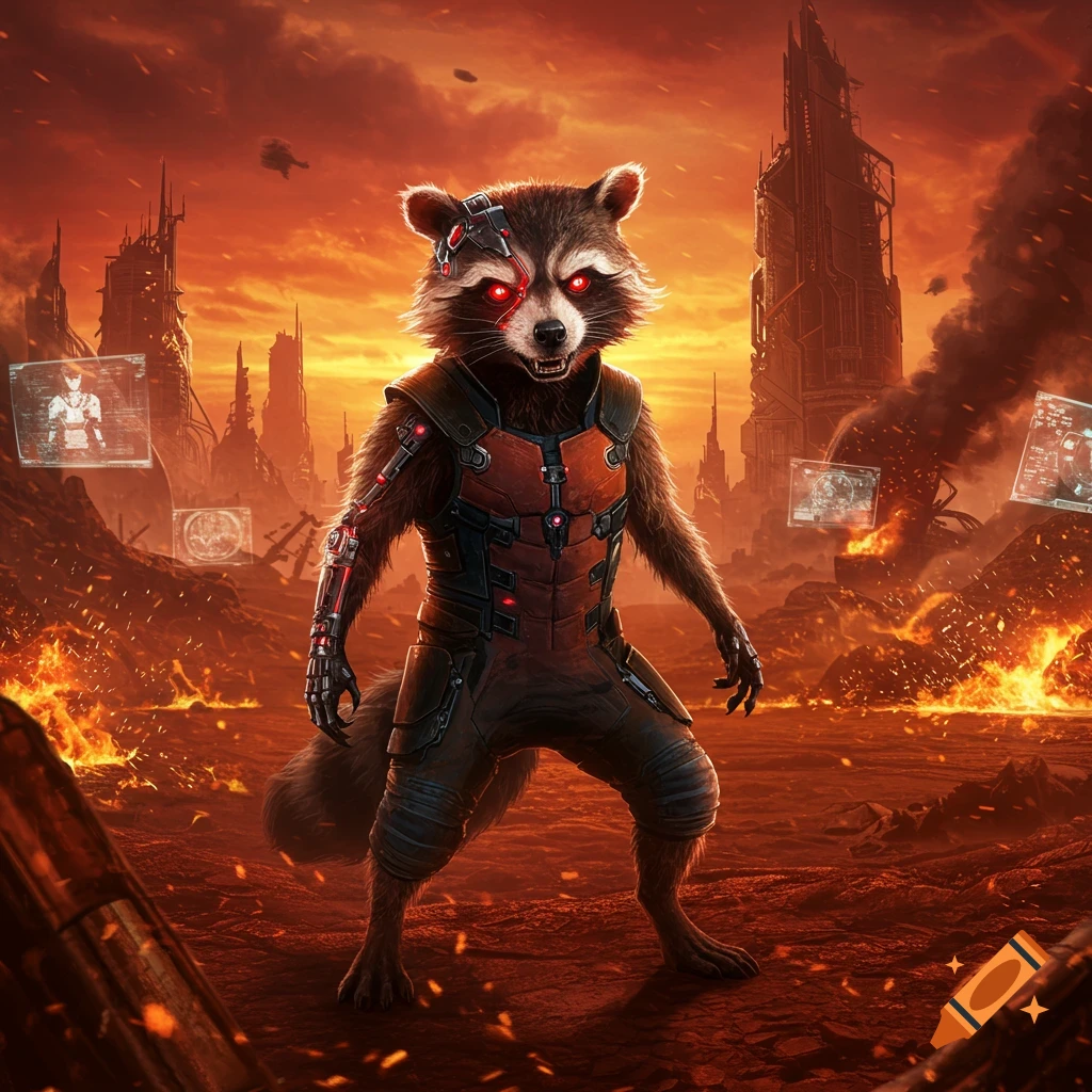 A cyborg raccoon with red eyes and mechanical implants stands in a fiery, destroyed futuristic city under an orange sky, digital art style.