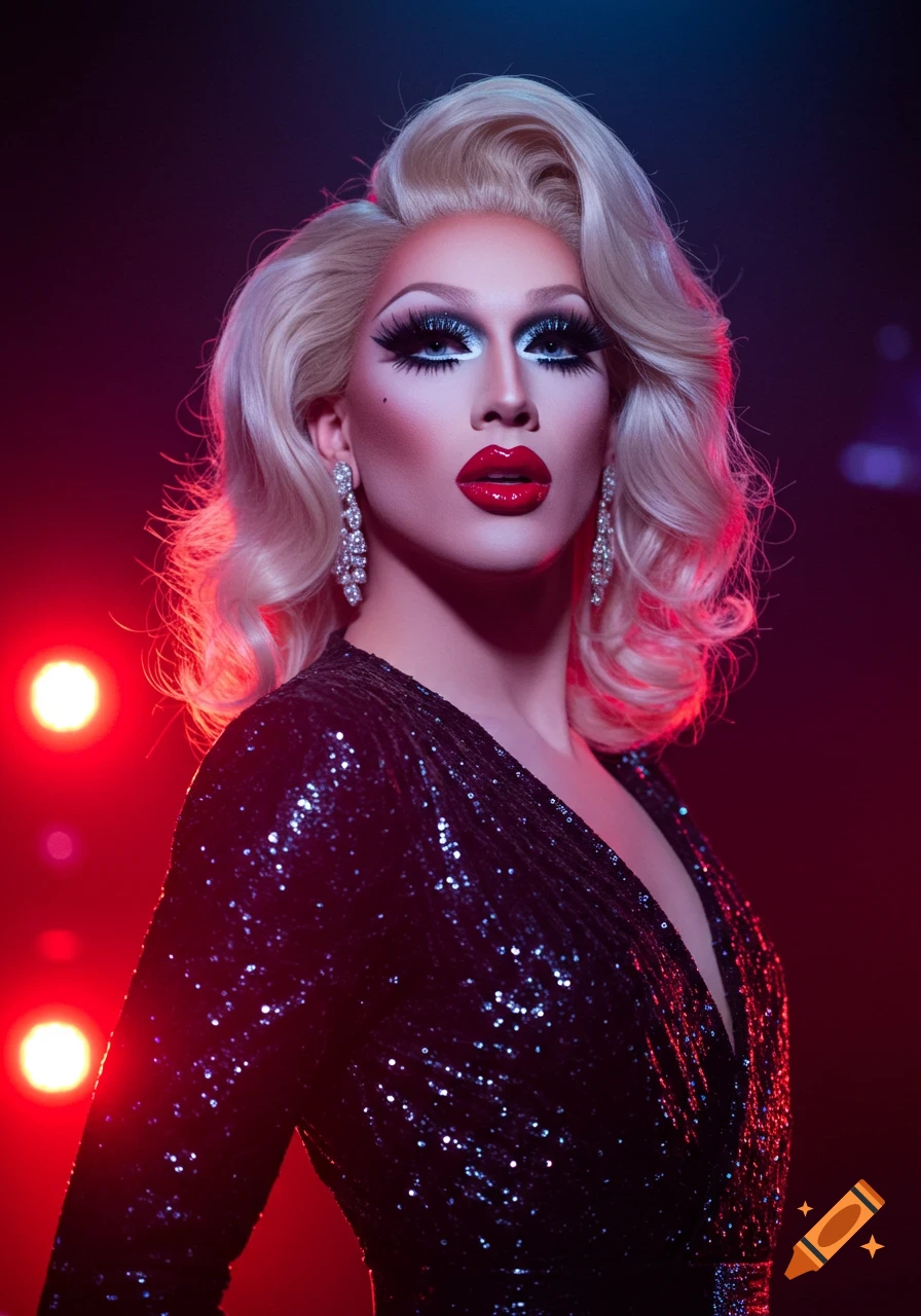 A platinum blonde drag queen with dramatic stage makeup, sparkling earrings, and a sequined dress looks confidently at the viewer under red stage lights.