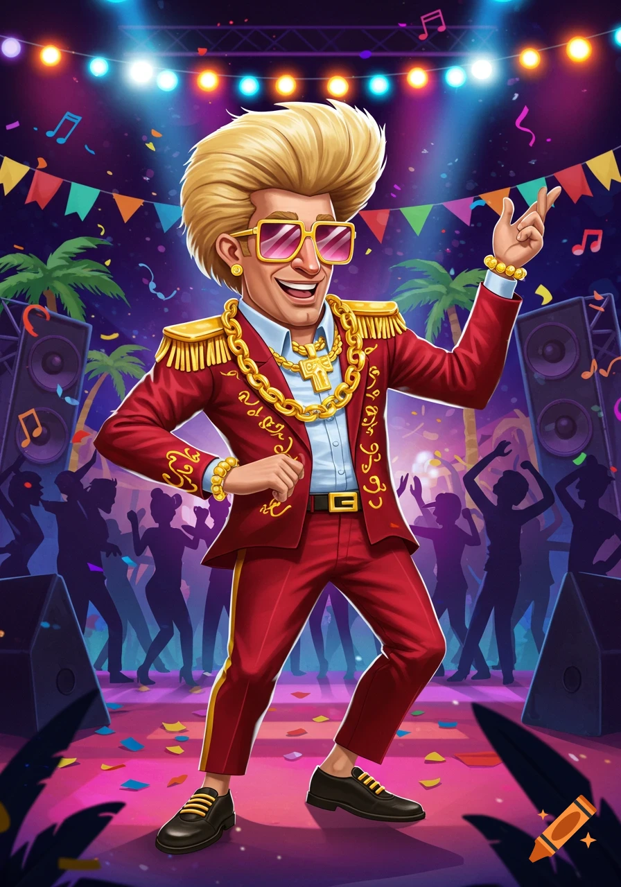 Cartoon of a man with a large blond hairstyle, flashy red and gold suit, gold chains, and sunglasses dancing at a vibrant Latin party.