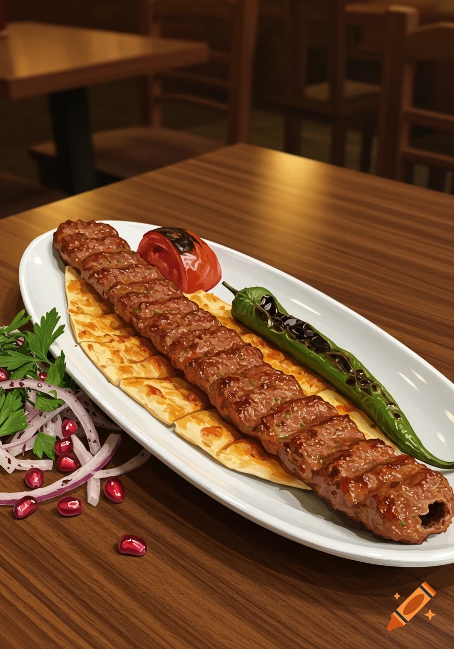 A stylized digital illustration of a long Turkish kofte kebab on a white plate with grilled tomato, green pepper, flatbread, red onion, and pomegranate, on a wooden table.