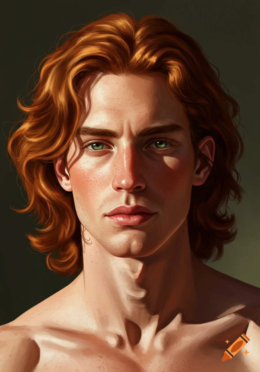 Digital painting of a young man with wavy auburn hair, green eyes, and freckles, lit by warm sunlight.