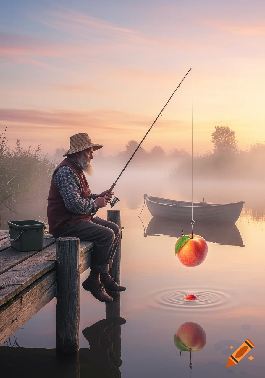 A man in a straw hat sits on a wooden pier, fishing with a peach on the hook in a misty lake at sunrise.