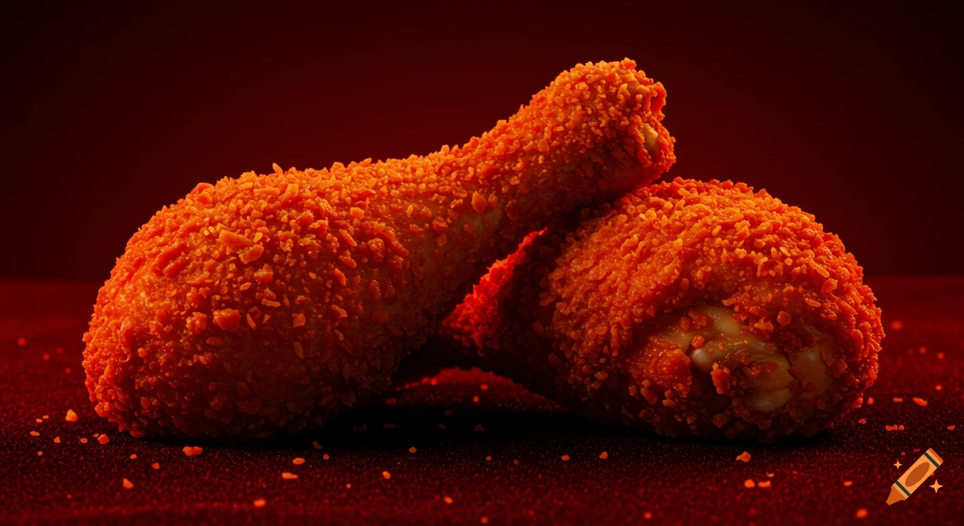 Close-up of two crispy, breaded chicken drumsticks on a red velvet surface with dramatic red-orange lighting.