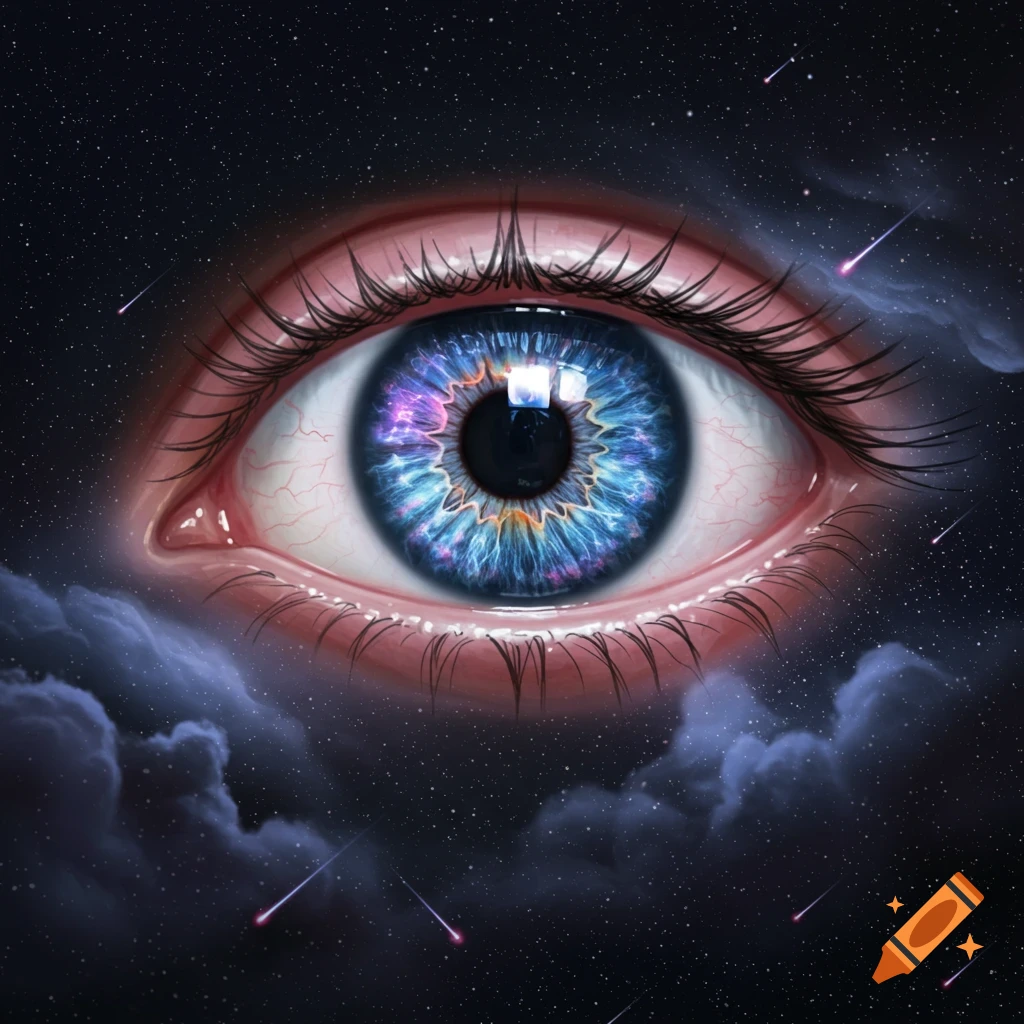 A detailed, colorful eye with a cosmic iris floats in dark space among stars and nebulae.