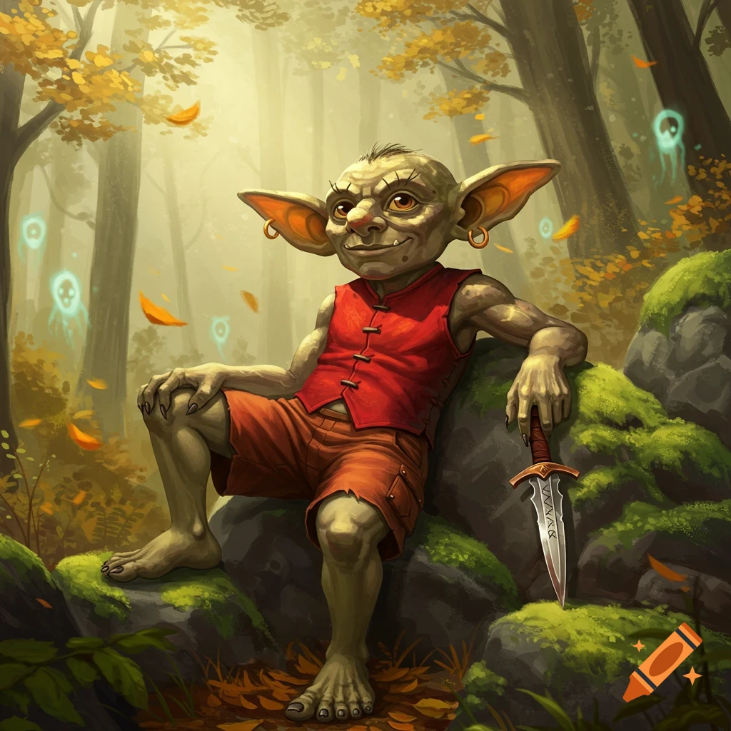 A goblin with large ears, a red vest, and orange shorts sits on mossy rocks in a sun-dappled autumn forest, holding a dagger.